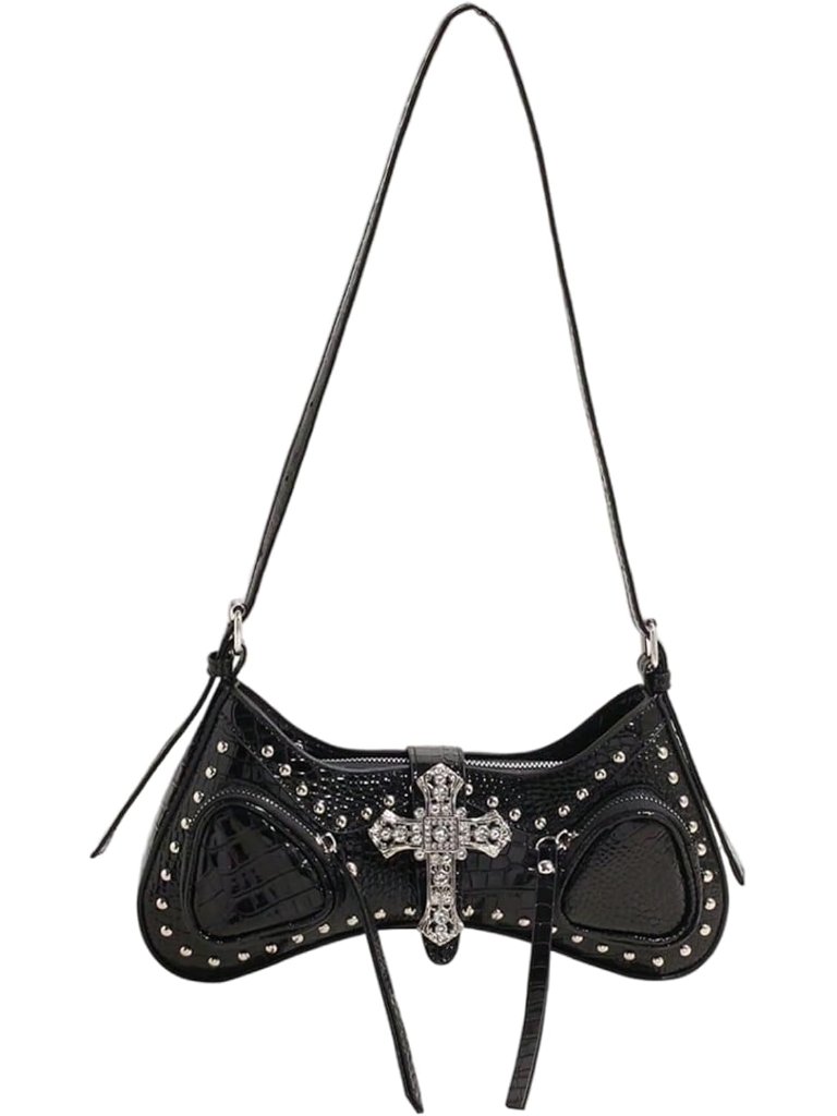 Women's Y2k Studded Cross Shoulder Handbags Punk Top Handle Portable Underarm Ba